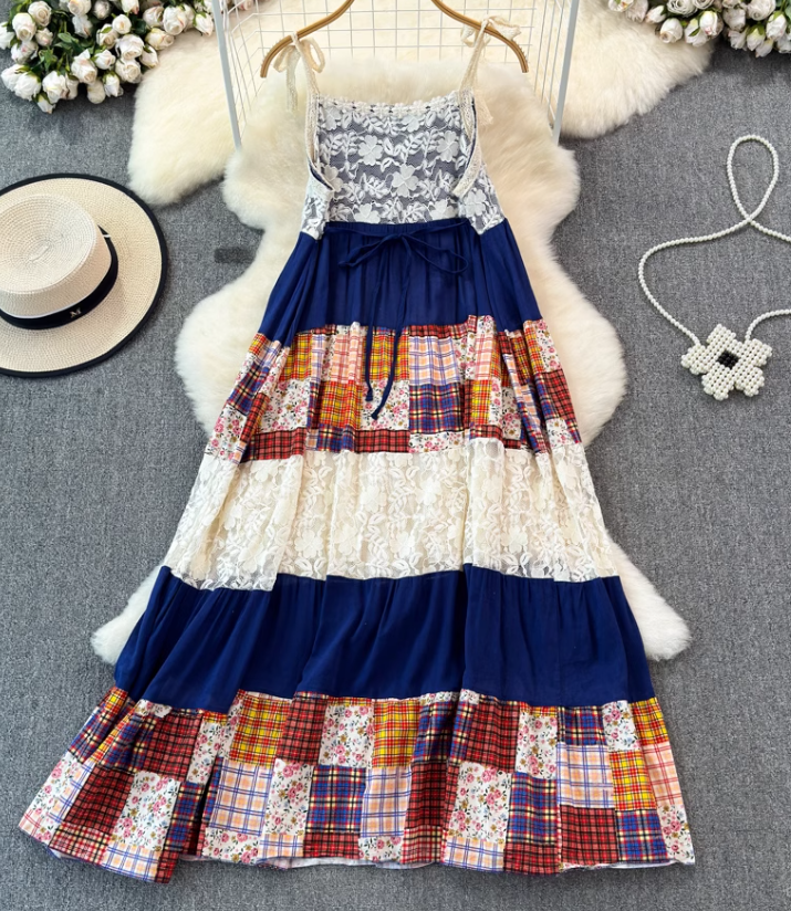 2025 dress dopamine vintage floral plaid art splicing temperament holiday suspender long skirt R0371