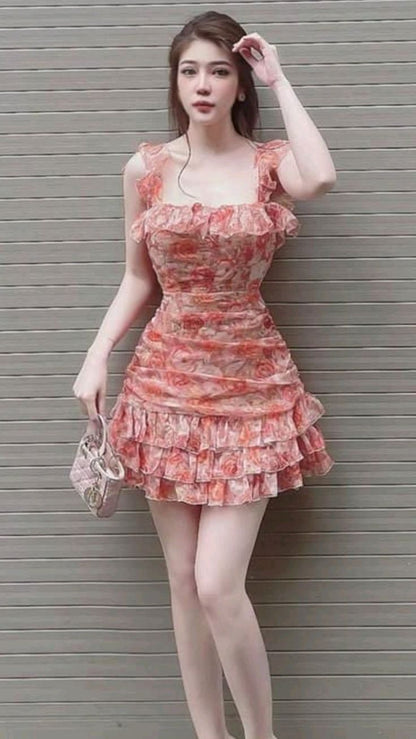Pink Floral Chiffon Waist Cake Skirt Homecoming Dress R3270