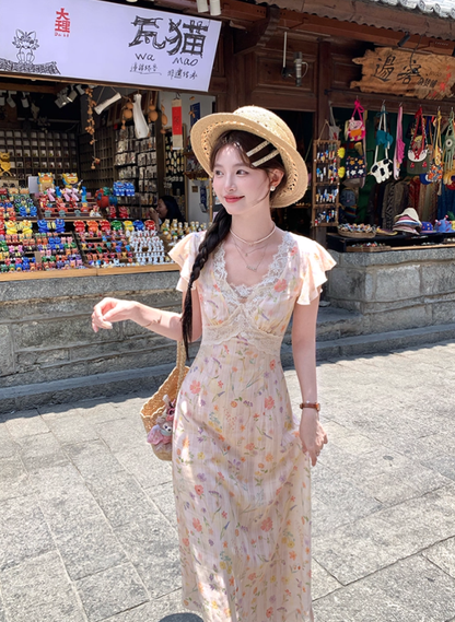Lace V-neck floral suspender dress for women summer French retro temperament skirt R4782