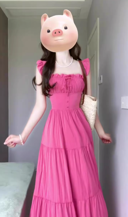 French square neck rose red tie waist dress beautiful gentle style backless long skirt R0462