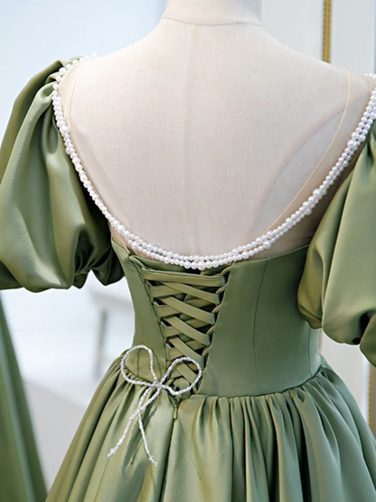 Retro Green Sweetheart Short-sleeved Lace-up Design A-line Satin Party Dress Homecoming Dress D1558