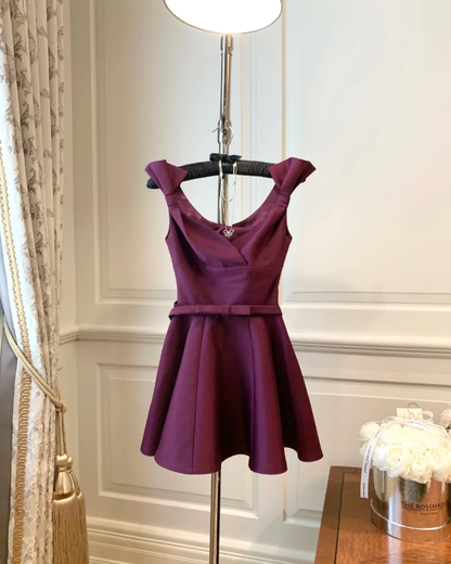 Purple bow strap waist slim fit A-line short skirt homecoming dress R4154