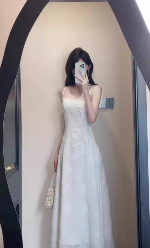 Gentle white moonlight jacquard sling dress beautiful temperament waist a-line long skirt 2025 new R0461