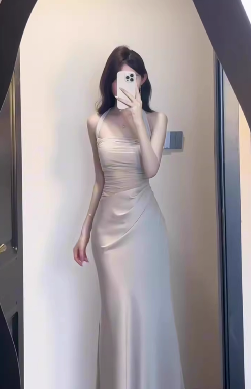 French style mesh hollow off-shoulder halter dress high-grade acetate satin waist slim hip skirt summer R0432
