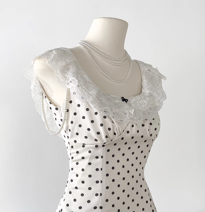 Sweet white polka dot short skirt lace satin slim waist dress female summer a-line skirt R0108