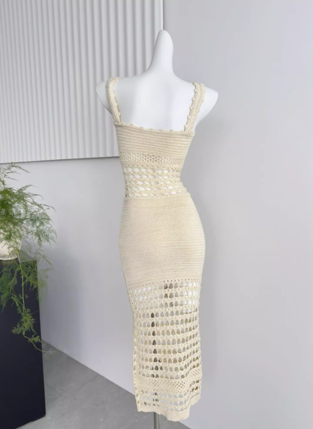 Bright silk knitted sexy hollow long skirt hip-wrapped fine glitter suspender dress for women R0286