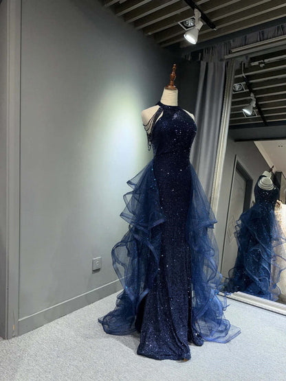 Navy Blue Tulle and Sequins Long Party Dress, Blue A-line Prom Dress Evening Dress