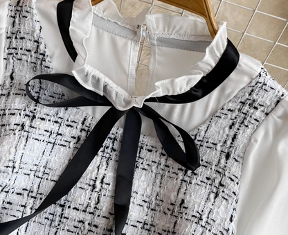 Little Chanel style celebrity temperament fake two-piece long-sleeved stand-up collar waist A-line coarse flower dress R0387