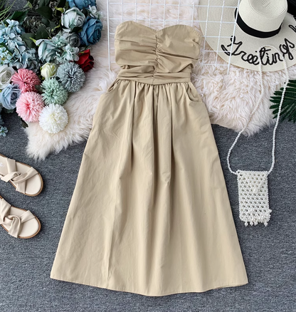 Dress women 2025 new sexy tube top waist off-shoulder solid color mid-length skirt all-match skirt R0367