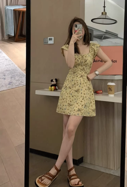 Dress long French style slim fit square collar flying sleeves A-line short skirt summer R2932