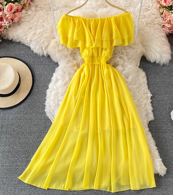 Bali resort beach slim long skirt sexy off-shoulder one-shoulder ruffled chiffon dress R0326