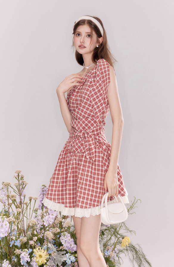 Summer off-shoulder red plaid dress with lace-up waist princess dress R4539