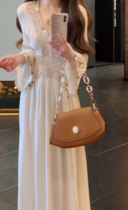 Green v-neck long-sleeved dress, niche style, no-collar retro waist temperament long skirt R0473
