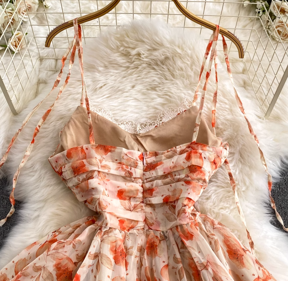 Pure and sweet chiffon lace with built-in chest pad orange sleeveless pullover A-line suspender dress R0364