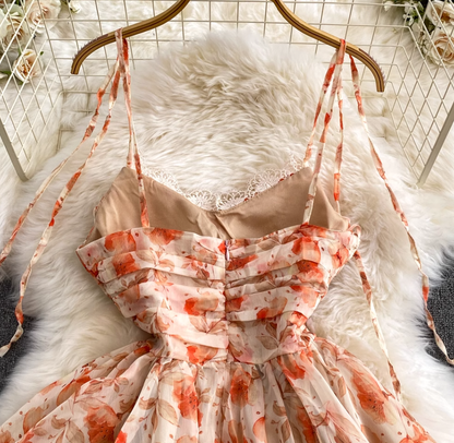 Pure and sweet chiffon lace with built-in chest pad orange sleeveless pullover A-line suspender dress R0364