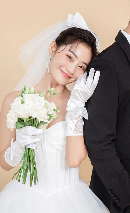 Off-white lace bow mid-length wedding dress banquet dinner gloves     S6243
