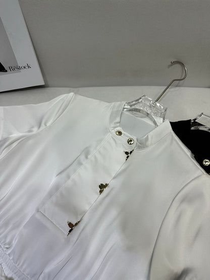 LV 25 Metal Petal Decoration Round Neck Dress Black White Polyester Acetate