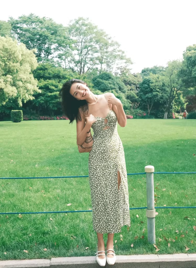 Dress French style retro green floral slim backless slit long suspender dress R2931