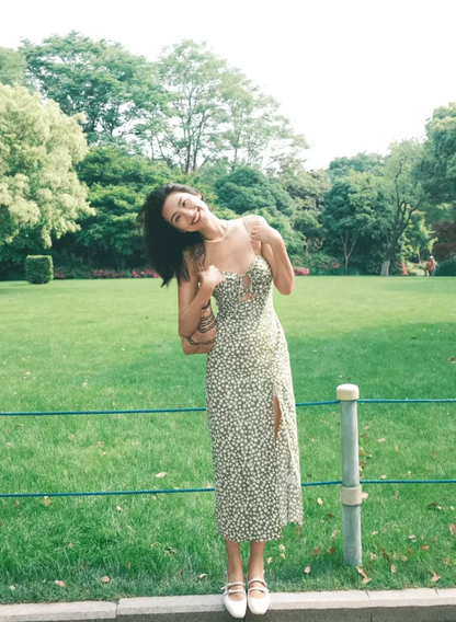 Dress French style retro green floral slim backless slit long suspender dress R2931