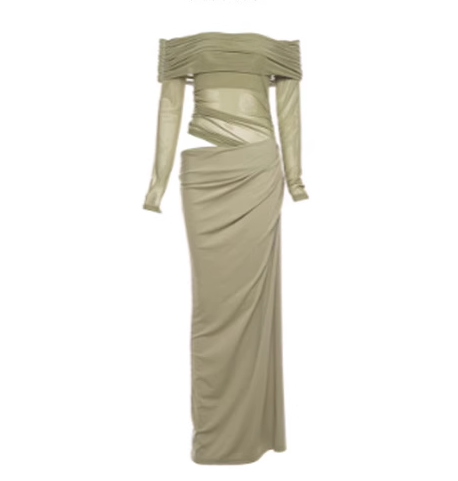 French style gentle temperament green one-shoulder hollow dress high-grade mesh waist banquet dress R0436