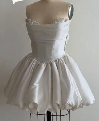 White satin tube top waist sexy puffy skirt short skirt homecoming dress R4091