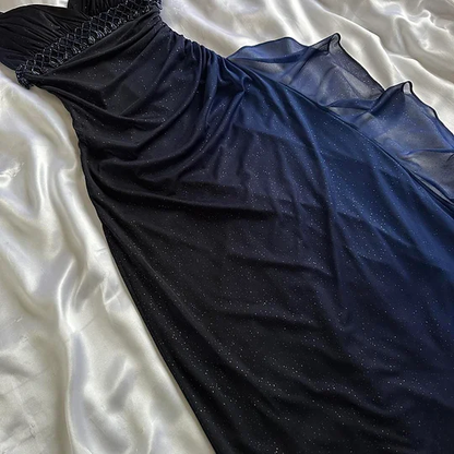 Dark Blue Straps Chiffon Vintage Long Party Dress Prom Gown MD7409