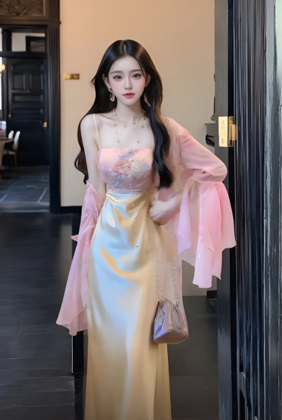 Gentle and elegant pink jacquard suspender dress with slim waist and hip skirt R0485
