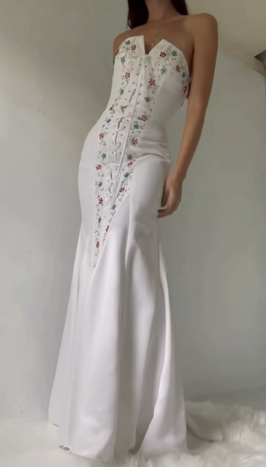 Pretty White Strapless Mermaid Beaded Chic Long Evening Party Dresses, D1043
