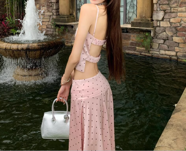 Pink polka dot suspender top two-piece set chic sweet and spicy skirt set R0822