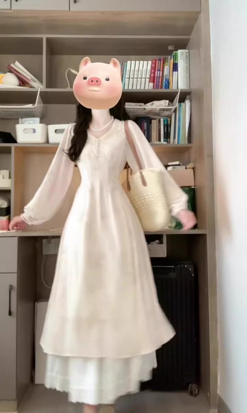 Tea break French style gentle temperament v-neck long-sleeved dress super beautiful waist skirt female R0467
