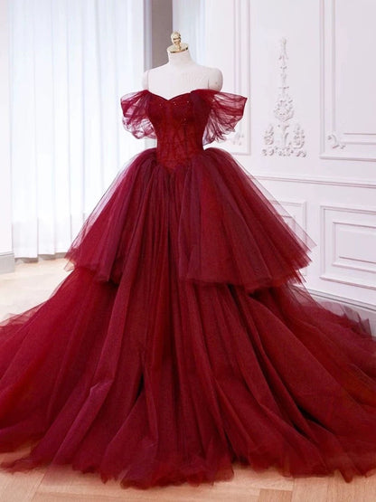 Ball Gowns Off The Shoulder Tulle Red Sweet 16 Dresses