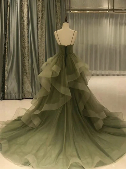 Green/Blue Long Shiny Elegant Spaghetti Straps Long Ruffled Organza Ball Gowns Prom Dress Quinceanera Dresses
