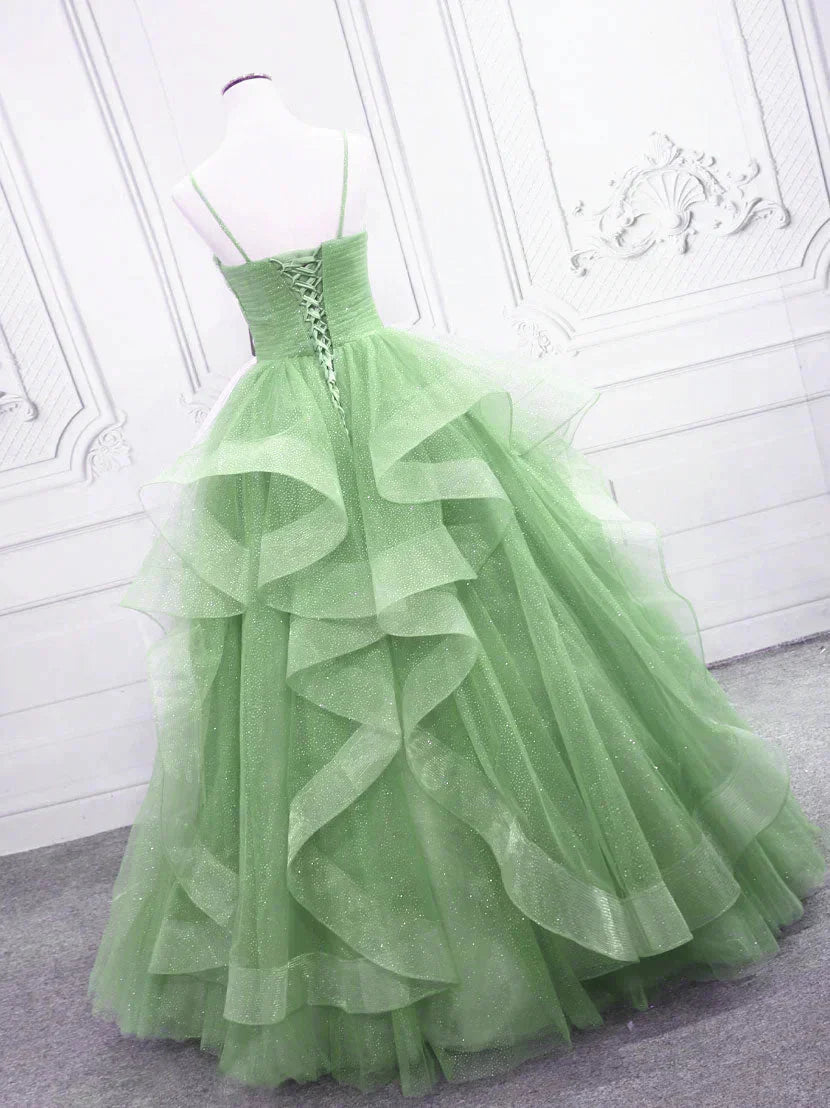 Green/Blue Long Shiny Elegant Spaghetti Straps Long Ruffled Organza Ball Gowns Prom Dress Quinceanera Dresses
