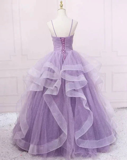 Green/Purple/Blue Fashion Elegant Spaghetti Strap Long Organza Ruffles Ball Gowns Prom Gowns Graduation Gowns Adult Ceremony Gowns