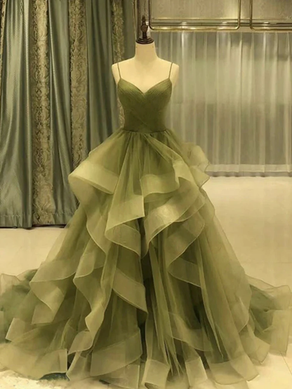 Green/Blue Long Shiny Elegant Spaghetti Straps Long Ruffled Organza Ball Gowns Prom Dress Quinceanera Dresses