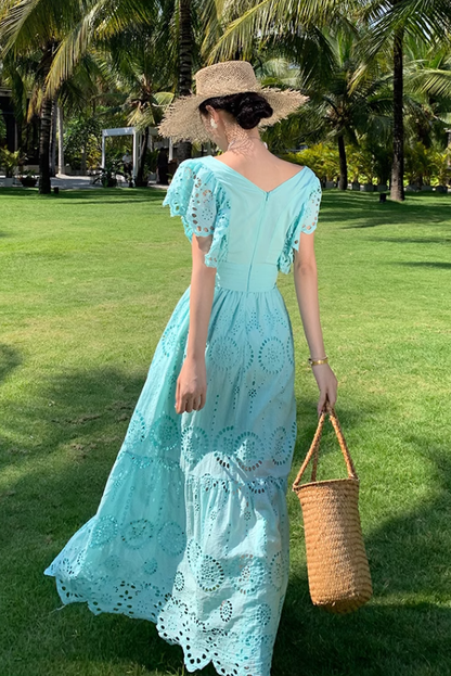 Lace hollow embroidery hook flower ruffle V-neck Thai dress fairy holiday ruffle long skirt R0187