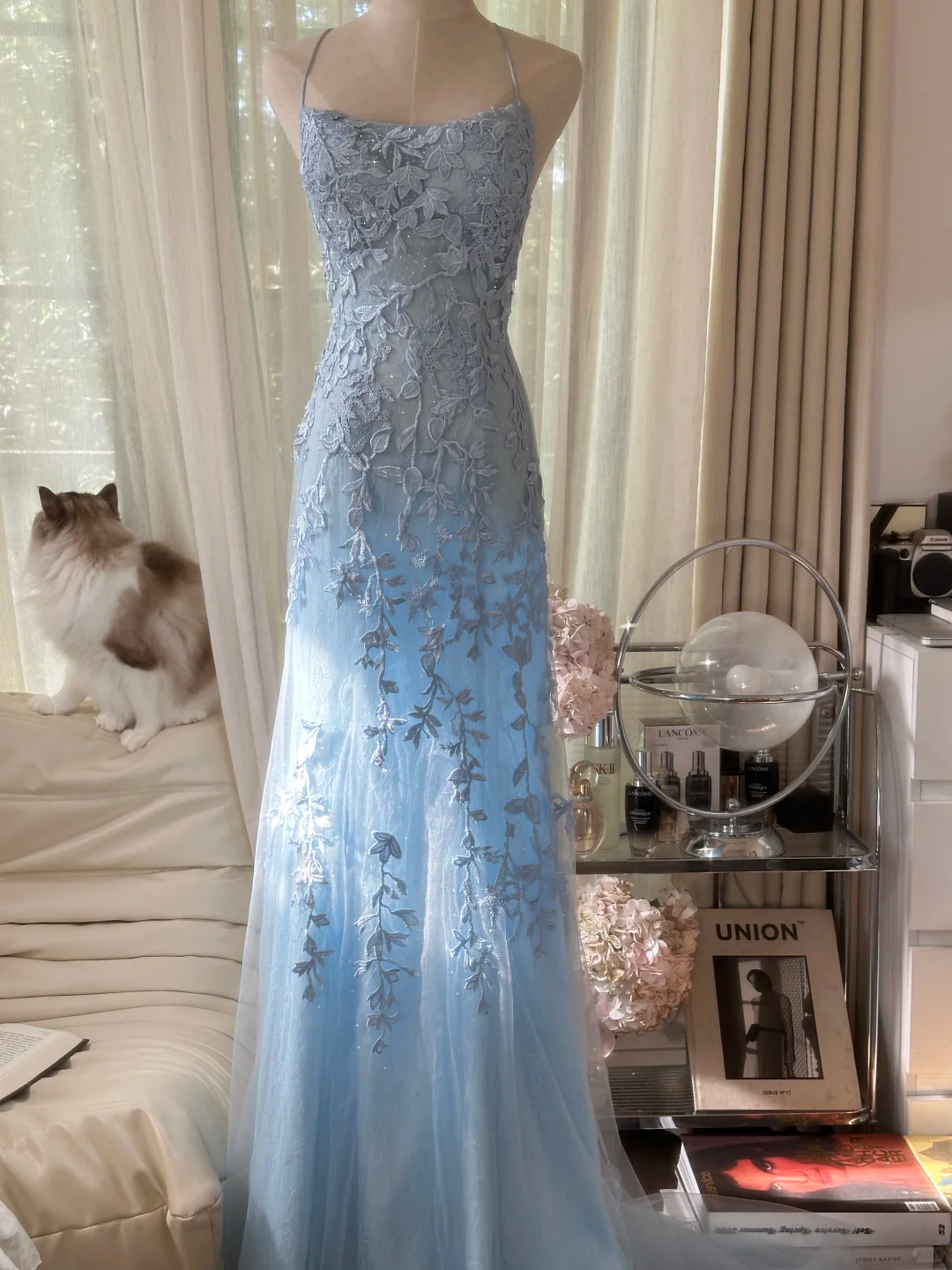 Retro Light Blue Applique Backless Design Romantic Chiffon Evening Dress Prom Dress D1483