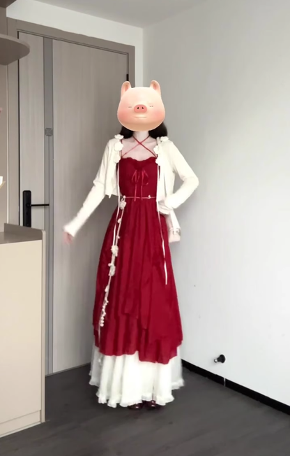 French retro red three-dimensional flower sling dress seaside holiday waist temperament long skirt R0428