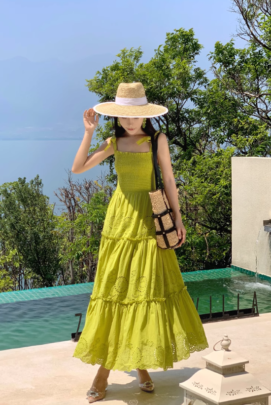 Bohemian holiday long dress elastic square neck slim waist embroidered ruffled suspender dress R0206