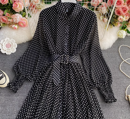 Polka dot chiffon shirt collar dress new style gentle style waist large swing pleated long skirt R0316