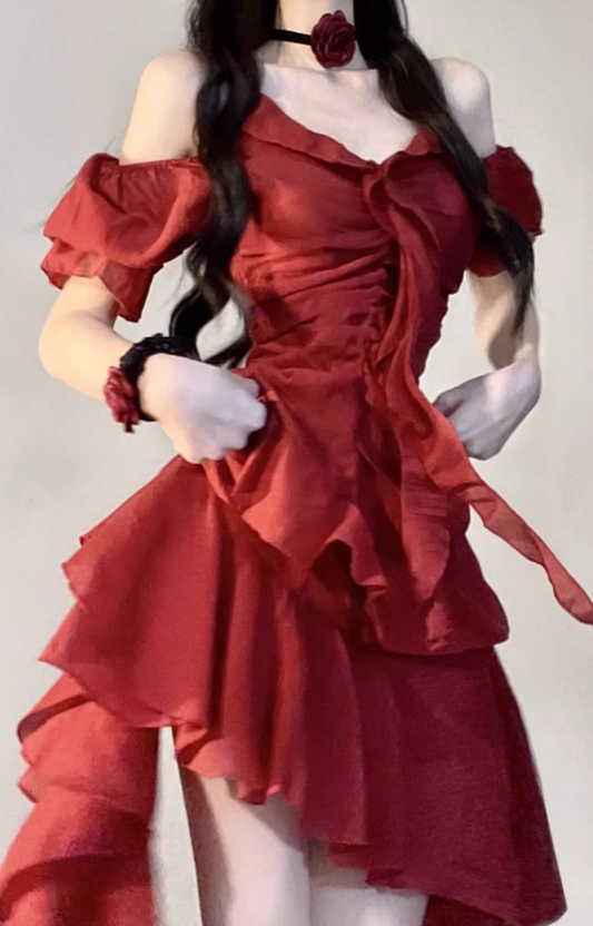 Beautiful dress French style high-end niche design off-shoulder irregular waist small red dress R0415