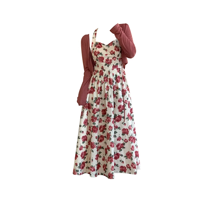 French retro rose halter dress new sunscreen knitted cardigan with suspender skirt two-piece set R0125