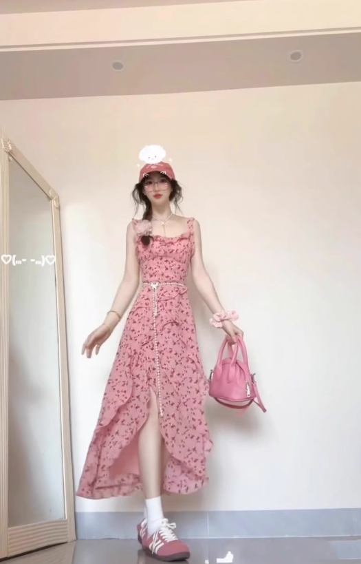 Tea break French pink suspender floral dress seaside vacation unique waist temperament long dress R0422