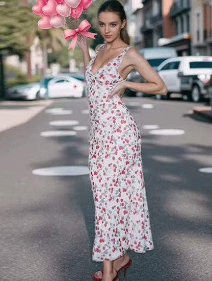 Dress Red Fruit Floral French V-neck Sleeveless Slim Fit Suspender Dress R2908