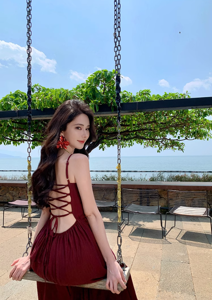 Retro temperament suspender dress beautiful waist slit long skirt R0572