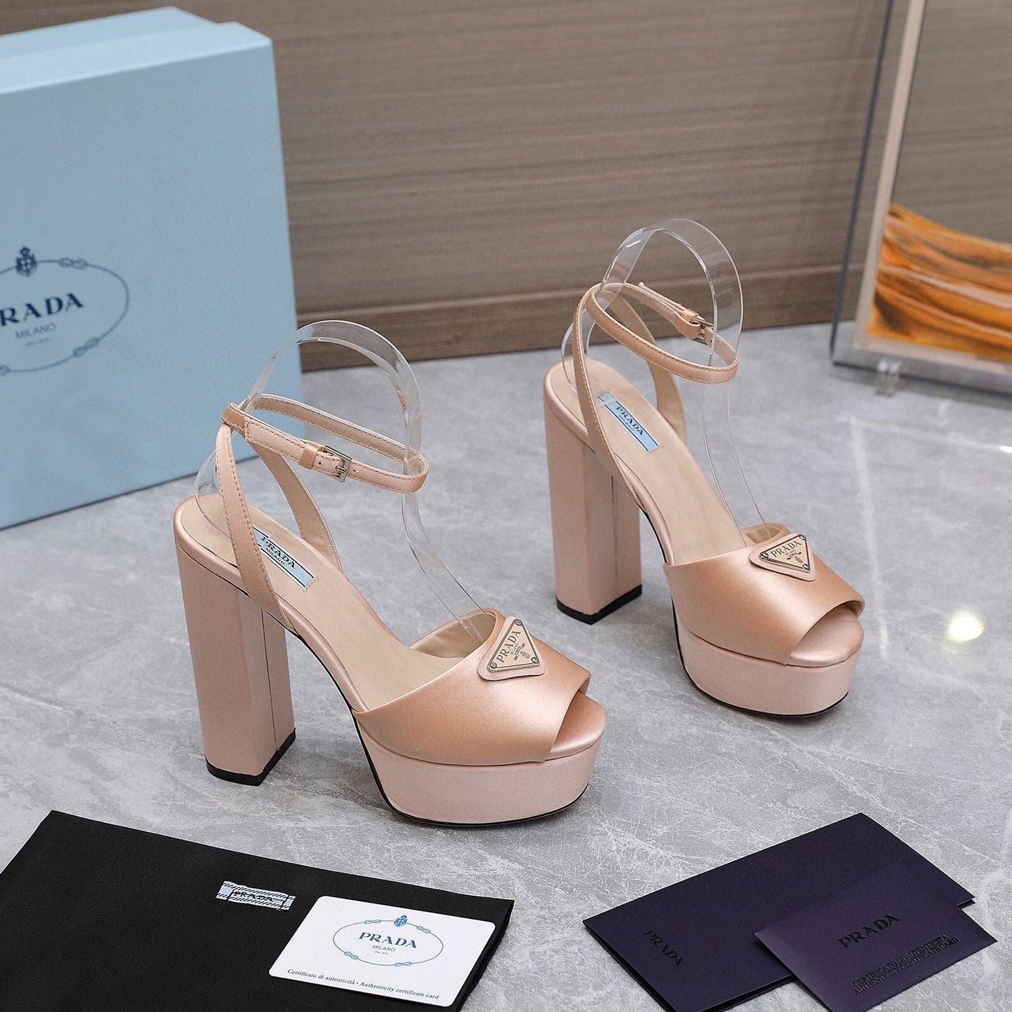 Prada Platforms 130mm High Heel Nude Silk Sandals