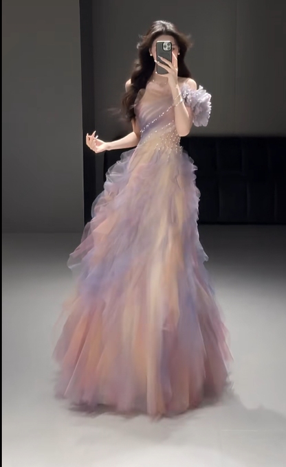 Gradient Pink Lilac Tulle Prom Party Dress Evening Dress Birthday Outfit fg8686