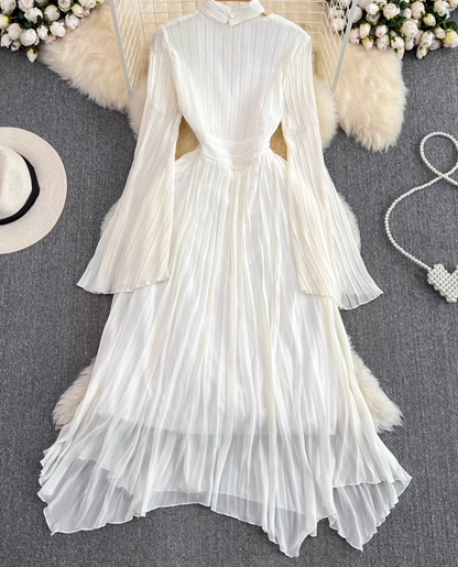 French tea break dress temperament super fairy trumpet long sleeve halter neck V neck waist A-line dress R0400