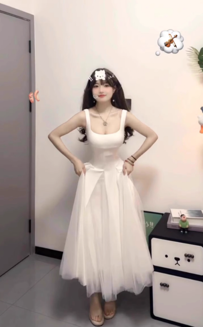 White suspender dress gentle temperament high-end dress waist A-line princess dress R0458