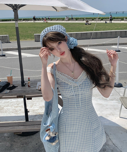 V-neck waist plaid suspender dress summer French temperament skirt R4951